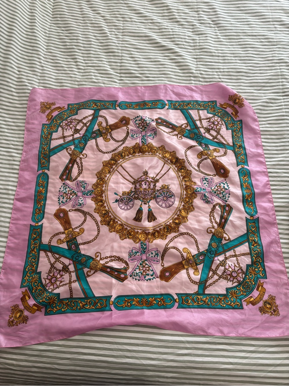 Silk-Style Pink Decorative Scarf with Gold and Teal Equestrian Motif